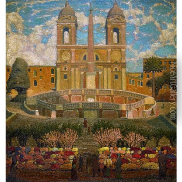 Trinita Dei Monti (roma) Oil Painting - Jean Philippe Edouard Robert