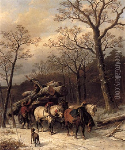 Woodgatherers Loading Logs In A Snowy Forest Oil Painting - Alexis de Leeuw