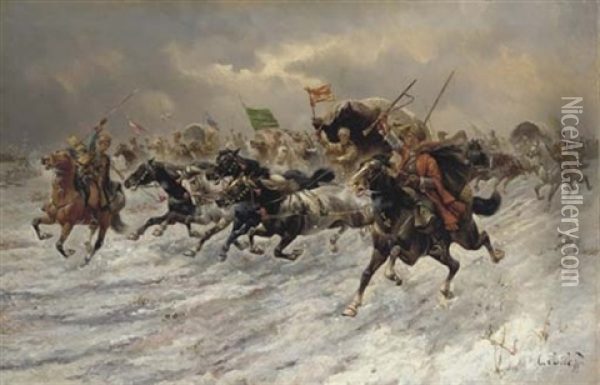 Russian Horsemen Storming The Battle Field Oil Painting - Adolf (Constantin) Baumgartner-Stoiloff