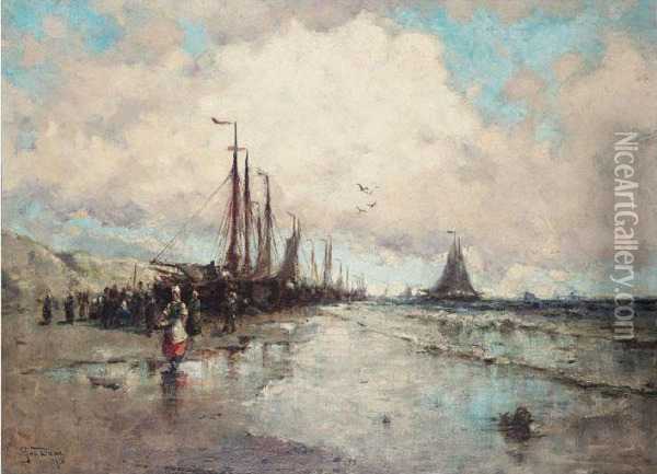 Vessels On The Beach Oil Painting - George Bunn