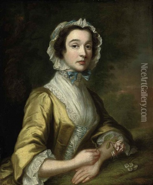 Portrait Of A Lady In A Lace Trimmed Yellow Dress With A Lace Cap, A Rose In Her Right Hand, Her Left Hand Resting On A Mossy Bank, A Landscape Beyond Oil Painting - Joseph Highmore
