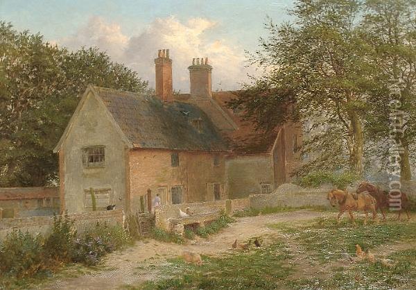 Farmyard Scene With Workhorses And Chickens Oil Painting - George Thomas Rope