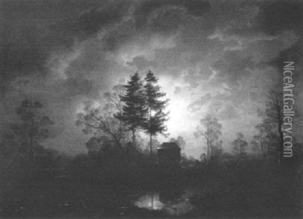 Landschaft Mit Gefrorenem Weiher Im Mondlicht Oil Painting - Friedrich August De Leuw