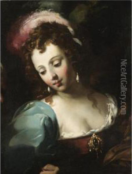 The Head Of A Lady, Wearing A Feather In Her Hair And Pearl Earrings Oil Painting - Gian Antonio Burrini