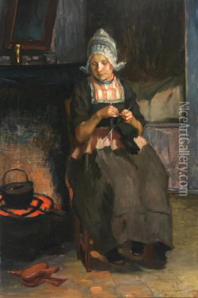 Young Woman Knitting Beside A Hearth Oil Painting - Bernardus Johannes Blommers