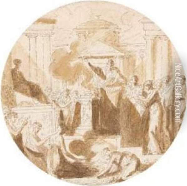 Scene De Sacrifice Antique Oil Painting - Louis-Felix De Larue