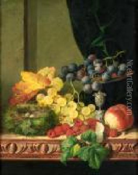 Still Life Of Fruit, Tazza And A Bird's Nest On A Ledge Oil Painting - Edward Ladell