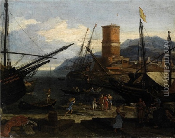 Veduta Di Porto Con Torre E Velieri Oil Painting - Adriaen Van Der Cabel