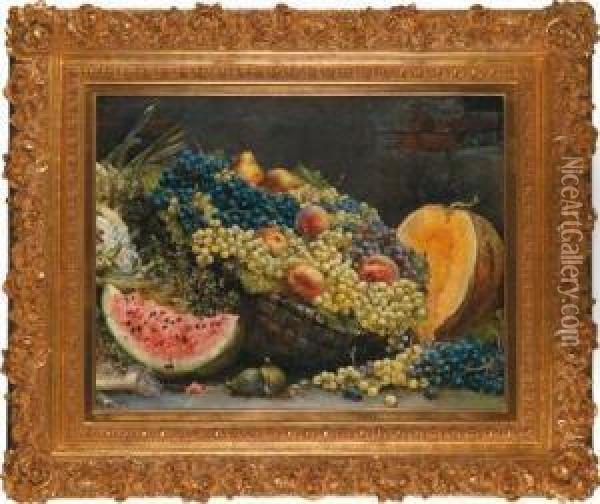 Large Still Life With Grapes And Melon Oil Painting - August Pollak