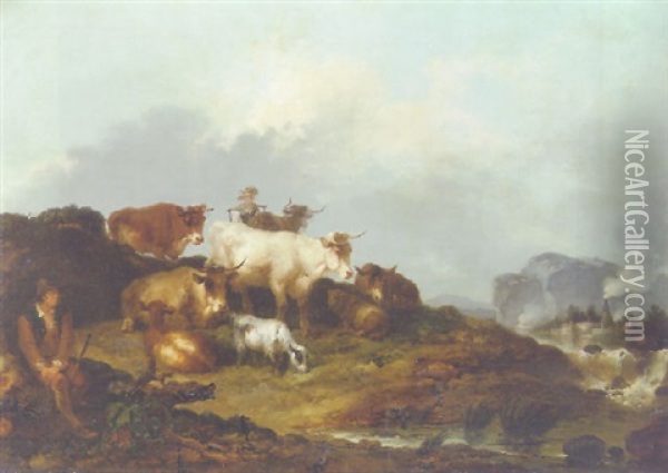 A Mountainous Landscape With A Herdsman And A Water Carrier Oil Painting - Philip James de Loutherbourg