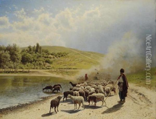 Tending The Flock Oil Painting - Nikolai Aleksandrovich Sergeev