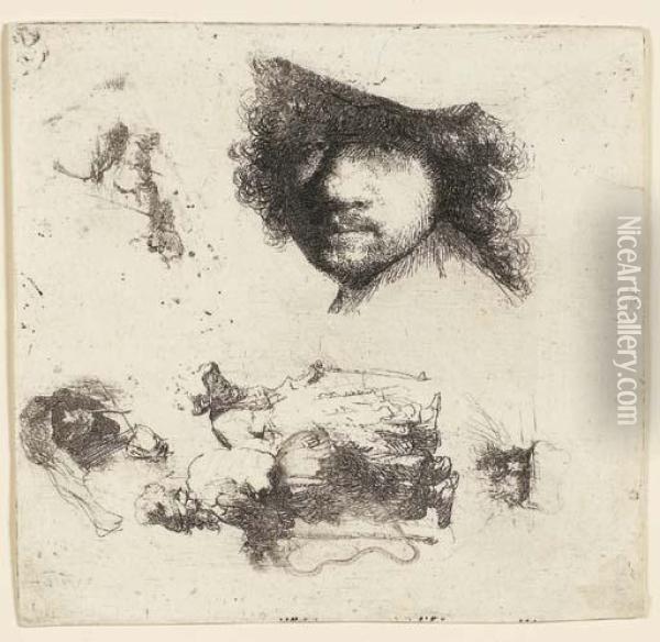 Sheet Of Studies: Head Of The 
Artist, A Beggar Couple, Heads Of An Old Man And An Old Woman Oil Painting - Rembrandt Van Rijn