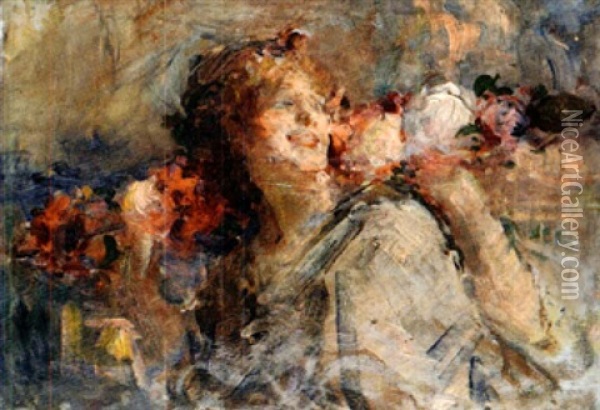 Jeune Fille Aux Fleurs (dbl-sided) Oil Painting - Antoine Calbet