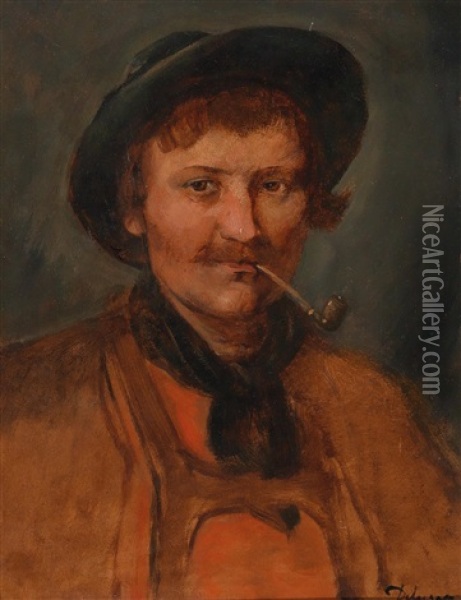 Young Farmer With Hat And Pipe Oil Painting - Franz Von Defregger