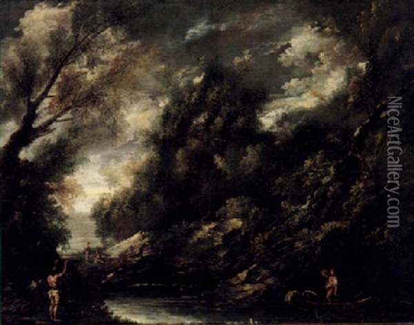 A Wooded River Landscape With Fishermen Oil Painting - Antonio Francesco Peruzzini