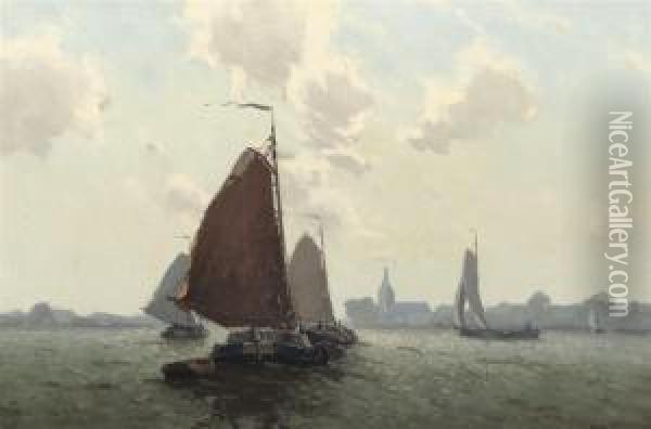 Sailing Boats On The River The Zwarte Water, Hasselt Oil Painting - Egnatius Ydema