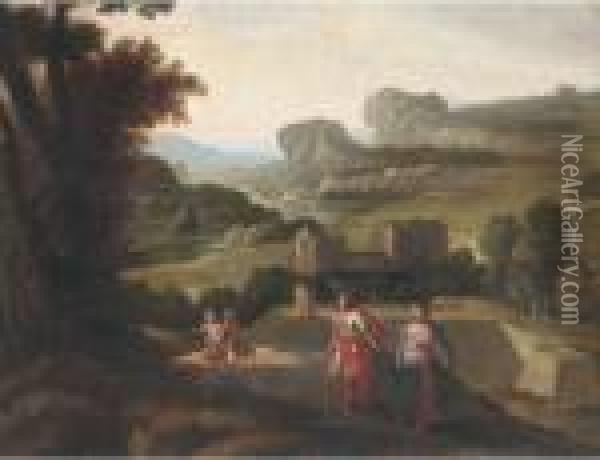 An Italianate Landscape With An Amorous Couple Before A Villa Oil Painting - Nicolas Poussin