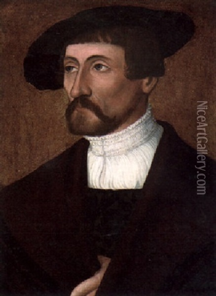 Portrait Of A Man Wearing A Black Cloth Cap And Brown Cloak Oil Painting - Christoph Amberger