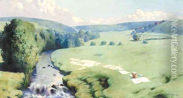 Sheep grazing on the banks of a river Oil Painting - John Glass