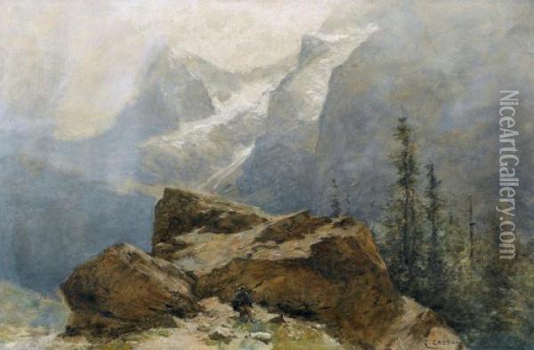 Steile Gebirgspartie Mit Rastendem Oil Painting - Gustave Castan