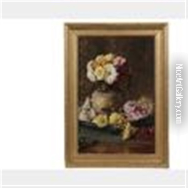 Chrysanthemums In An Earthenware Jug Oil Painting - Robert Little
