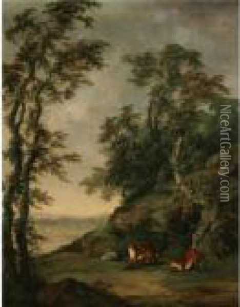 A Fox Family In An Extensive Landscape Oil Painting - Sawrey Gilpin
