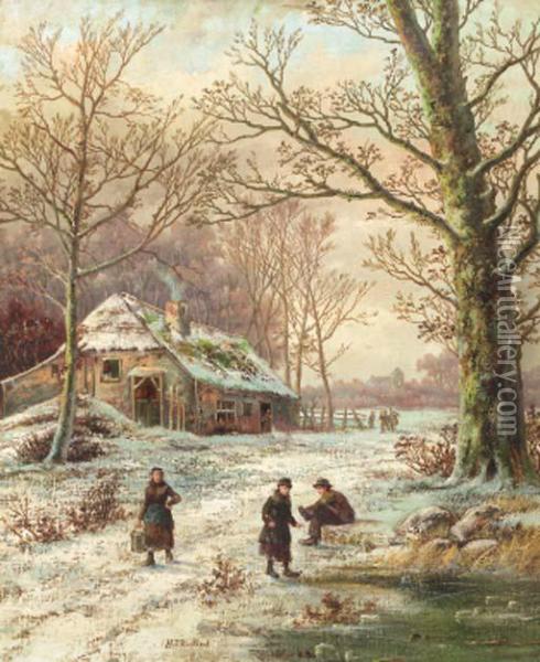 A Winter Landscape With Youngsters Putting On Their Skates Oil Painting - Hendrik Pieter Koekkoek