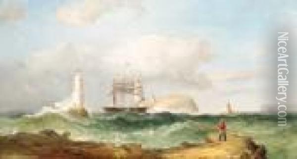 A Close Run Thing: A Barque Running Inshore Between An Island And Alighthouse Oil Painting - James Harris of Swansea