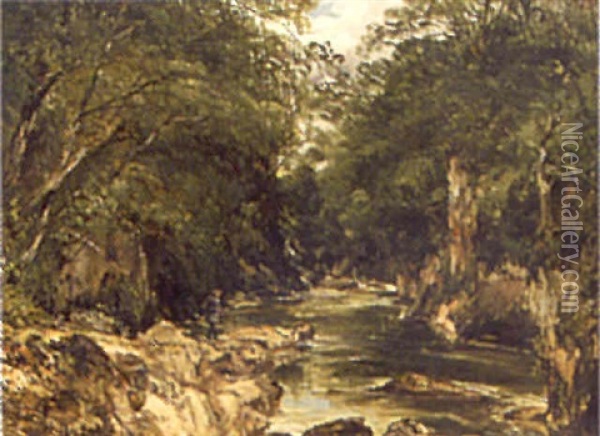 A Fisherman On The Banks Of A River Oil Painting - James B. Dalziel