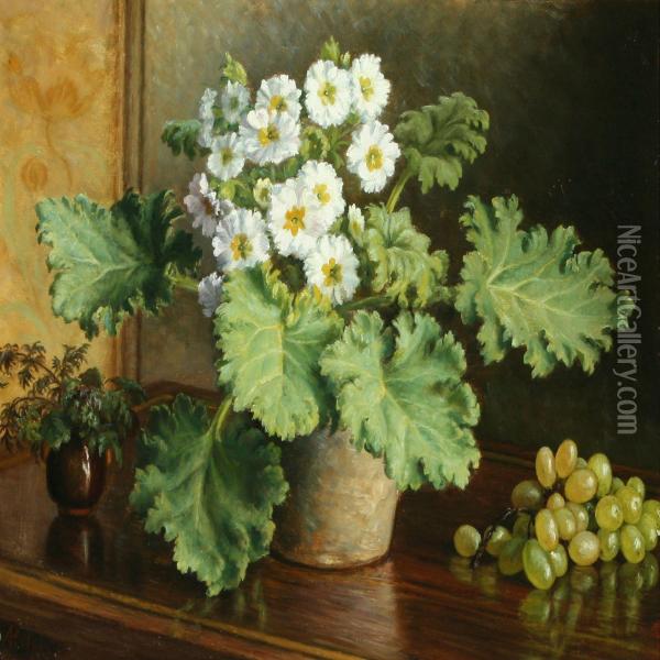 Still Life Withflowers And Grapes Oil Painting - Anina Poulsen