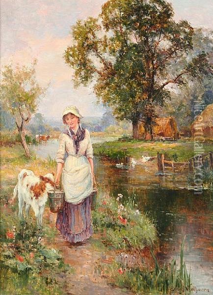 Tending The Calf (#) Tending The Geese Oil Painting - Ernst Walbourn