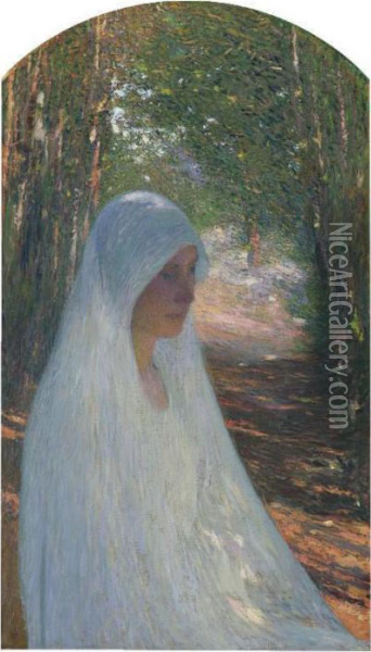 Jeune Femme Voilee De Blanc Dans La Foret Oil Painting - Henri Martin