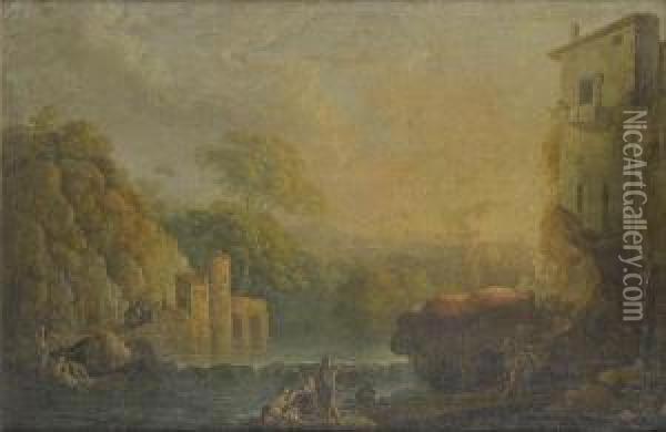 A River Landscape With Figures Resting Onrocks Before A Waterfall Oil Painting - Carlo Bonavia