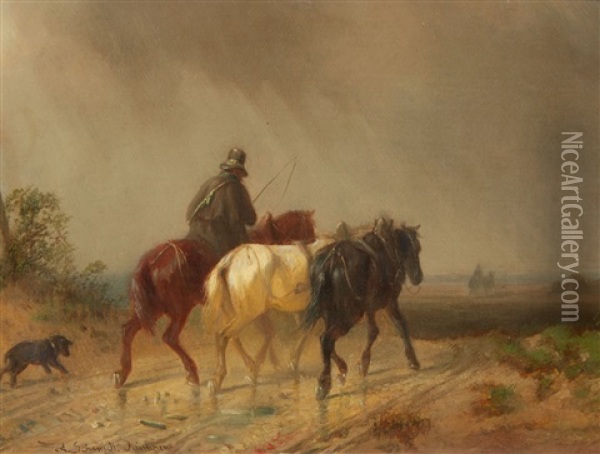Farmers Returning Home In The Rain Oil Painting - Adolf Schmidt