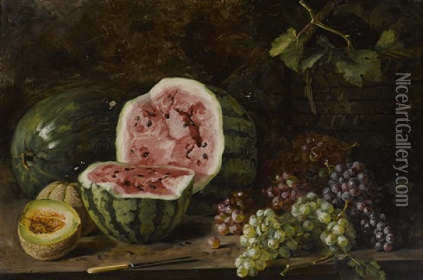Watermelon And Grapes Oil Painting - Edith White