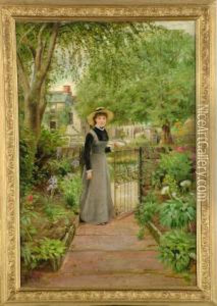 A Young Woman At A Garden Gate - Possibly Ovingham, Northumberland Oil Painting - Robert Jobling