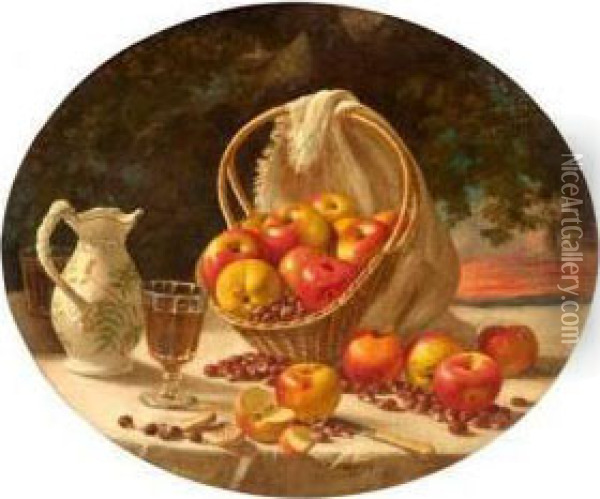 Still Life Of Apples And Nuts In A Basket, A Sunset In The Distance Oil Painting - John Francis