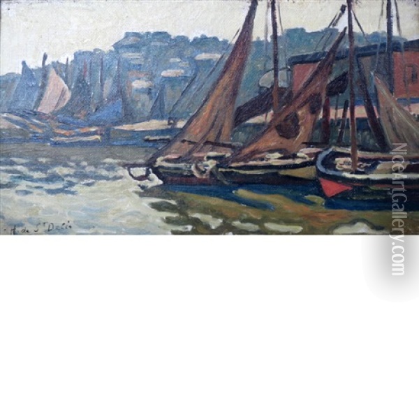 Boats In The Harbor Oil Painting - Henri Lienard De Saint-Delis