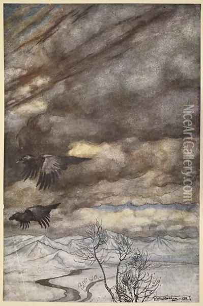 The ravens of Wotan, illustration from Siegfried and the Twilight of the Gods, 1924 Oil Painting - Arthur Rackham