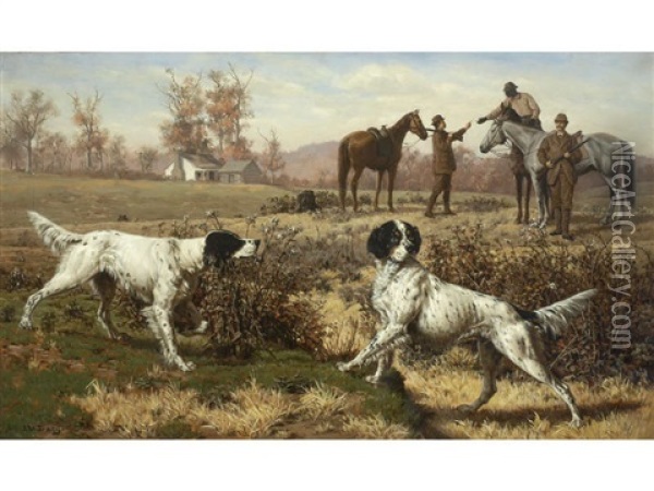 Setters On Point With Hunting Party Oil Painting - John Martin Tracy