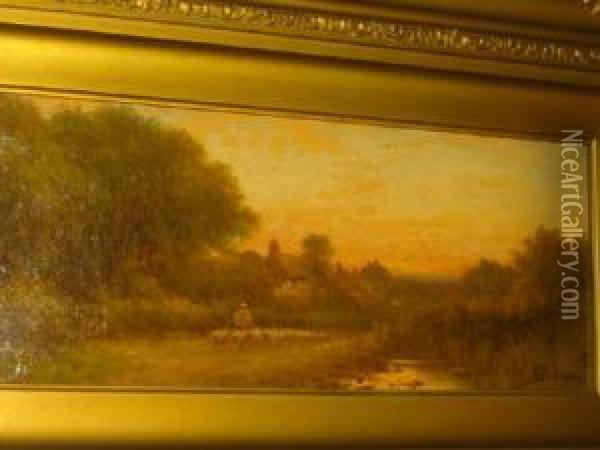 Landscape At Sunset With Thatched Cottage Oil Painting - Robert Robin Fenson