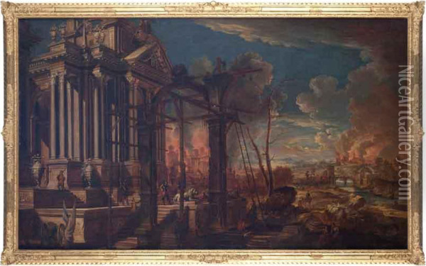 Paesaggio Con Capriccio Architettonico E Scena Di Battaglia Oil Painting - Johann Eismann