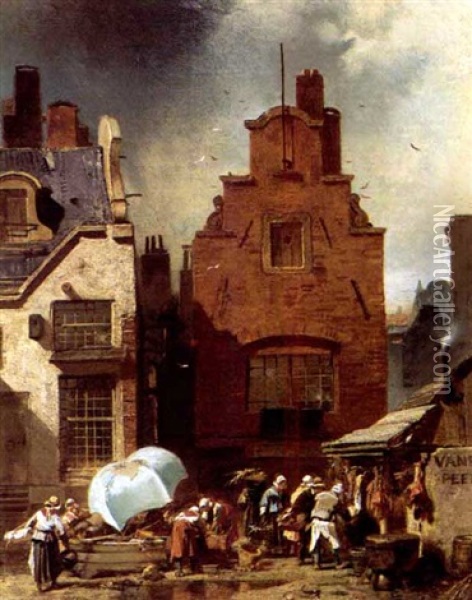 A Busy Town Marketplace Oil Painting - Charles Hoguet