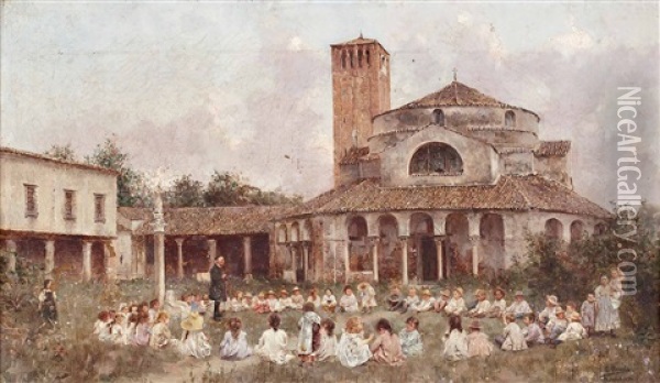 Lehrstunde Im Kirchengarten Oil Painting - Vicente Poveda Y Juan