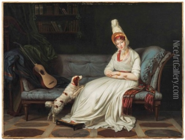 Portrait Of Elizabeth, Lady Webster, Later Lady Holland (1771-1845), Full-length, In A White Dress And Feathered Hat, With Her Spaniel, Pierrot, On A Chaise-longue<br/>, With A Guitar Oil Painting - Louis Gauffier