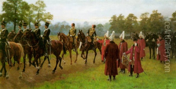 Life Guards And The King's Troop In Hyde Park Oil Painting - James Prinsep Barnes Beadle
