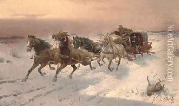 Running from the wolves Oil Painting - Adolf Baumgartner-Stoiloff