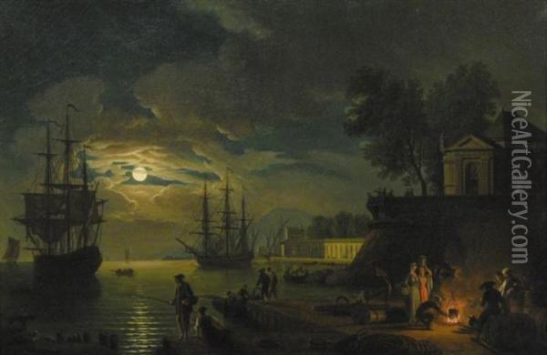 Moonlit Harbor View Oil Painting - Claude-joseph Vernet