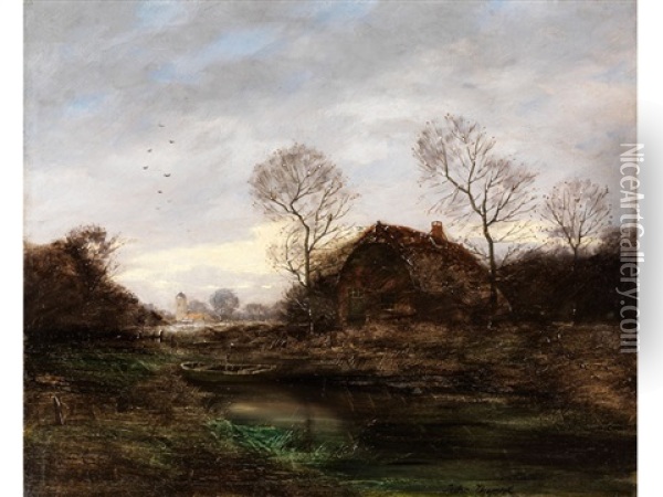 Abendliche Landschaft Mit Hutte Unter Kahlen Baumen Am Teichufer Oil Painting - Jules Dupre