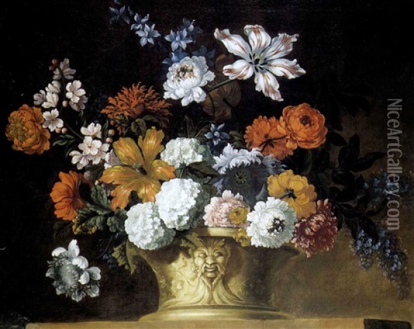 Tulips, Snowballs And Other Flowers In A Sculpted Urn Oil Painting - Pieter Casteels III